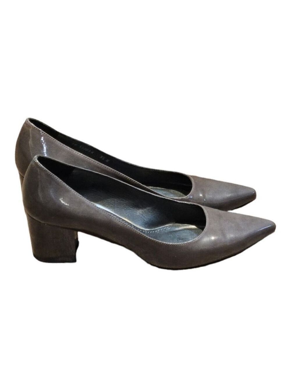 Stuart Weitzman Ladies Gray Patent Leather Block Heels Pumps Size 9 1/2